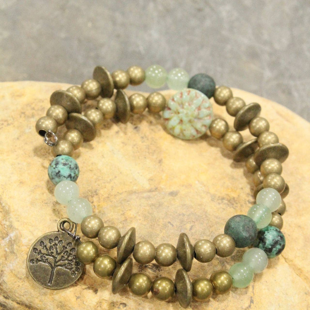 Tree Of Life Czech Coin Jade Wrap Bracelet