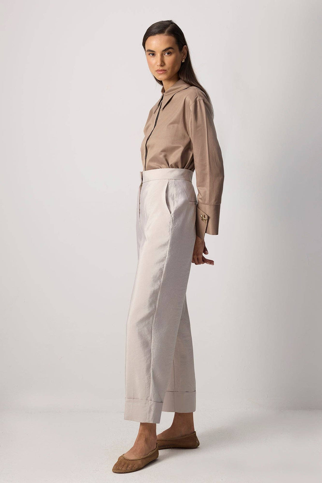 Cupro-Look Wide-Leg Pants with Cuffed Hem