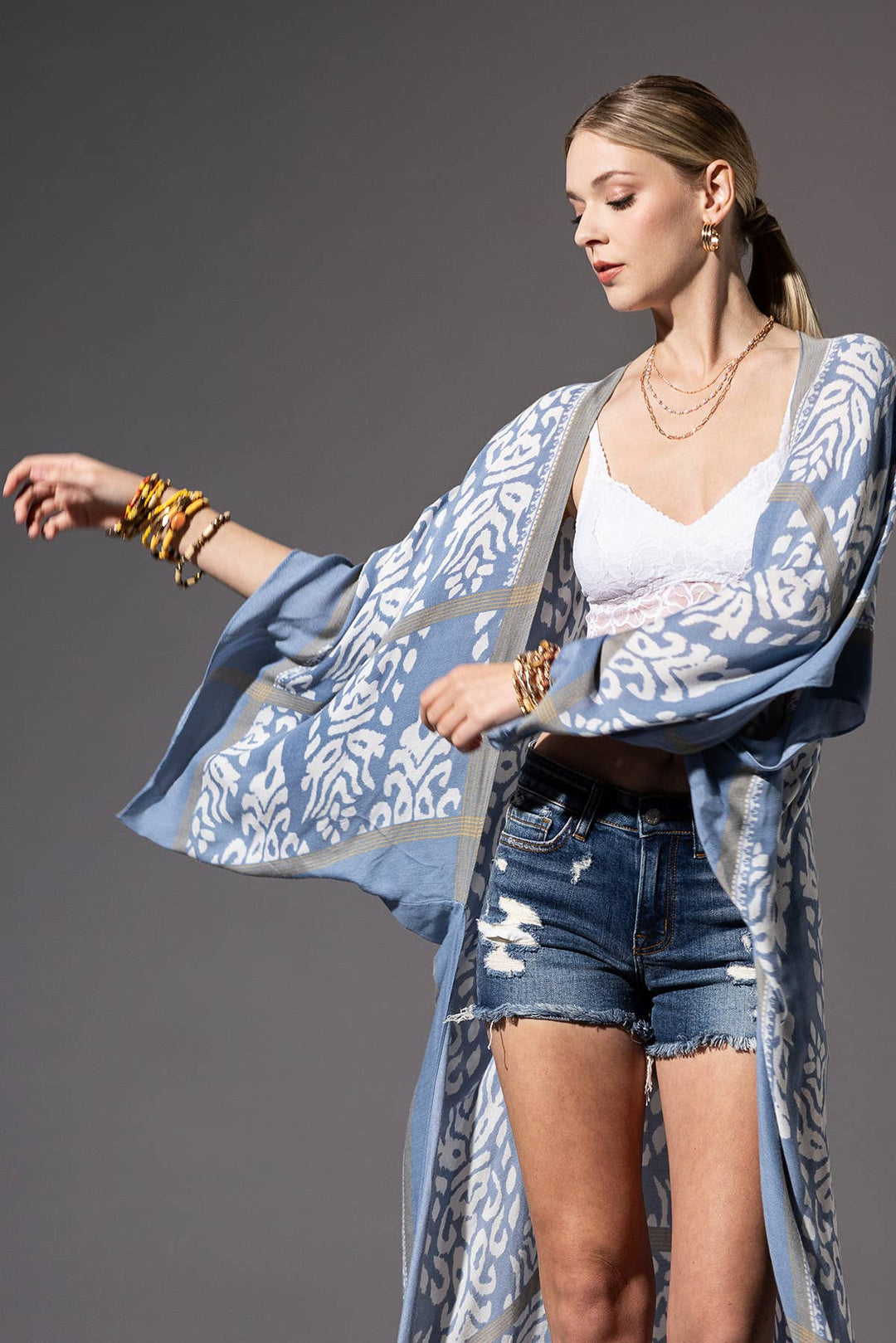 Damask Print Kimono with Sleeves