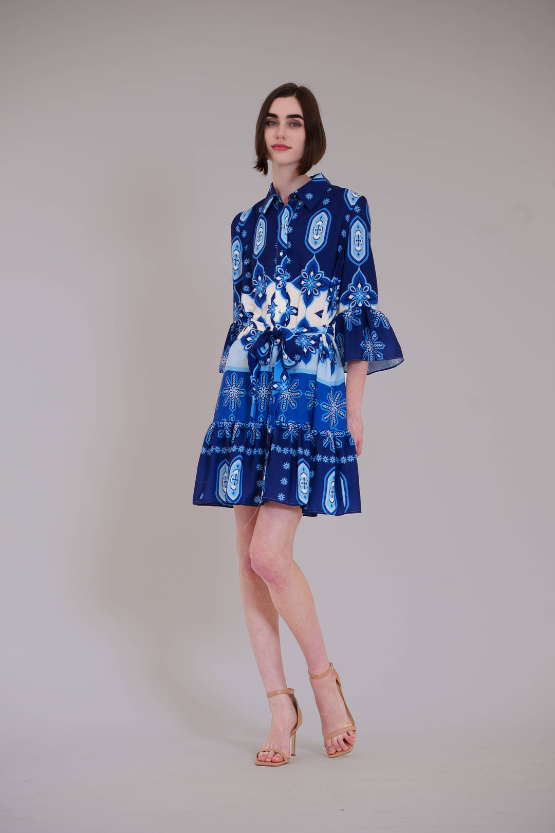 Long Bell Sleeve Button Up Collared Shirt Dress