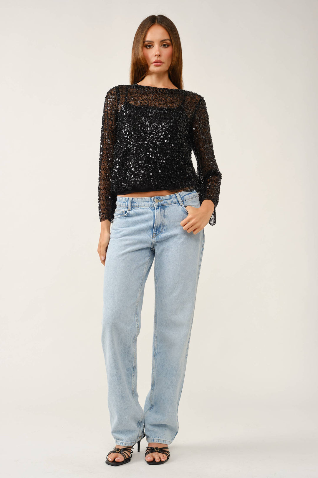 Fully Embellished Sequin & Pearl Scalloped Mesh Top
