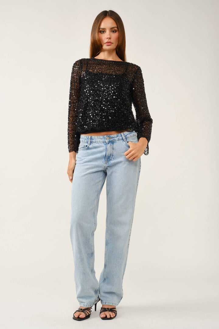 Fully Embellished Sequin & Pearl Scalloped Mesh Top