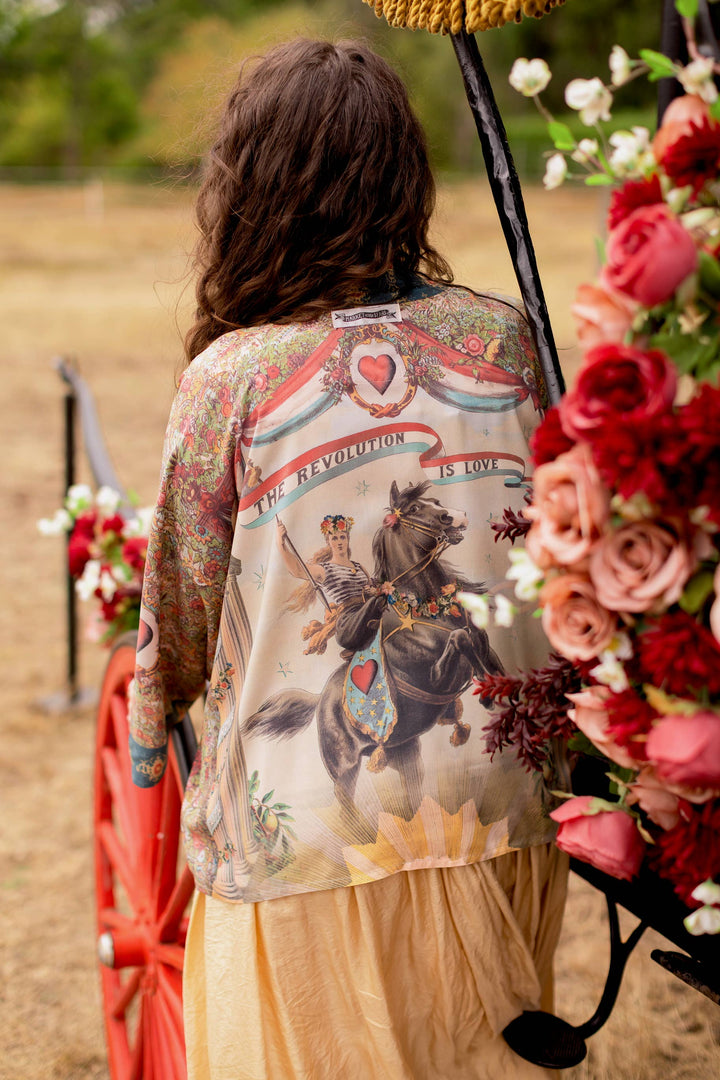 Love Revolution Pixie Crop Kimono w/ Sun, Horse & Florals