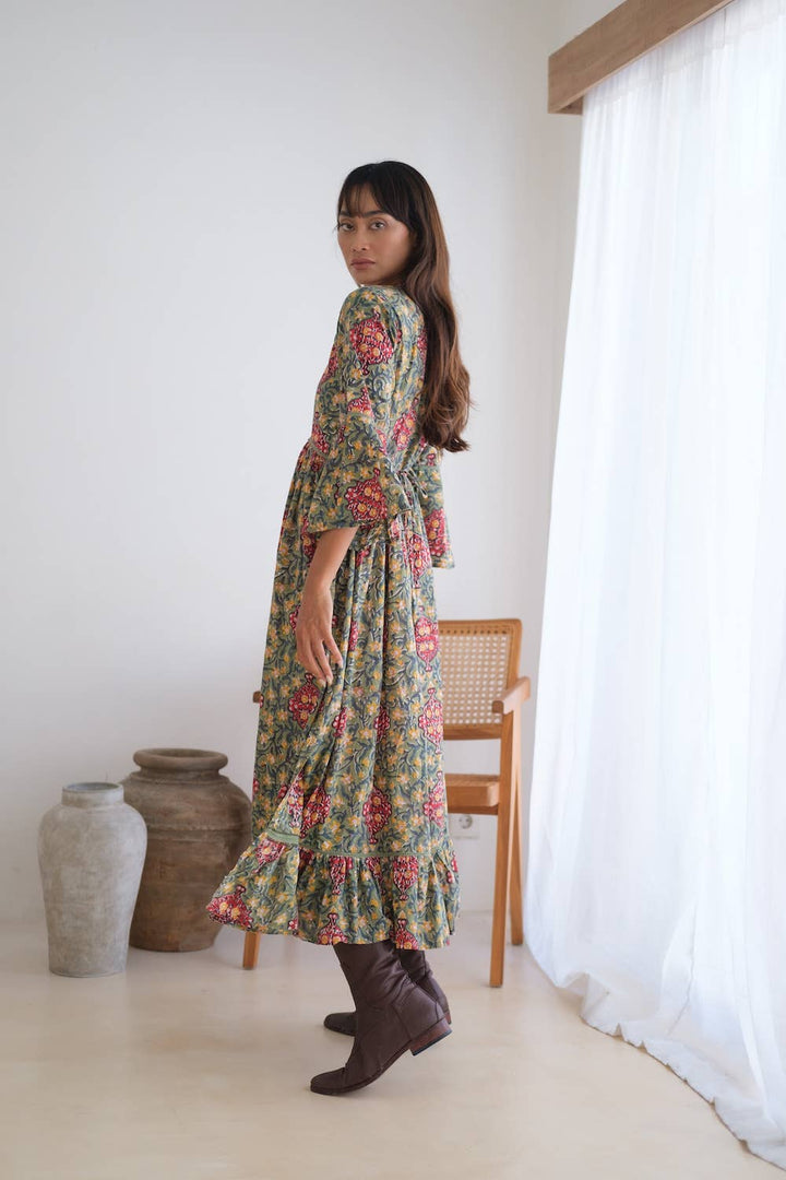 Block Printed Flare Sleeve Maxi Dress with Lace