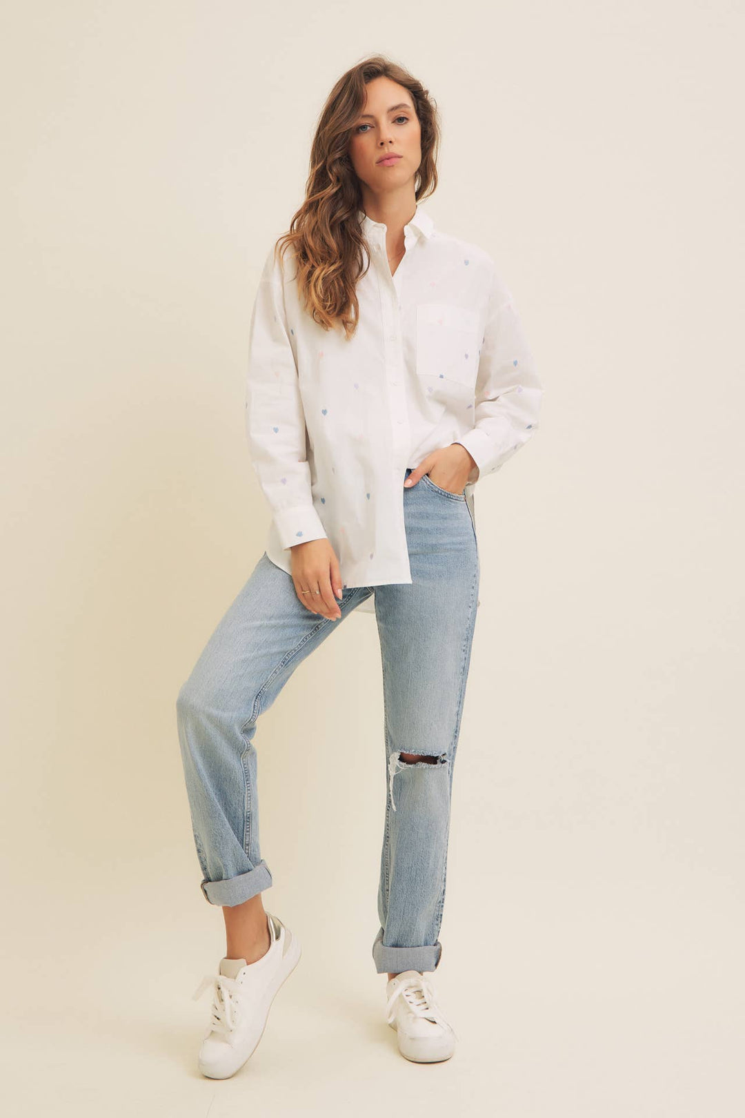 Full of Hearts Embroidery Button Down Long-Sleeved Shirt