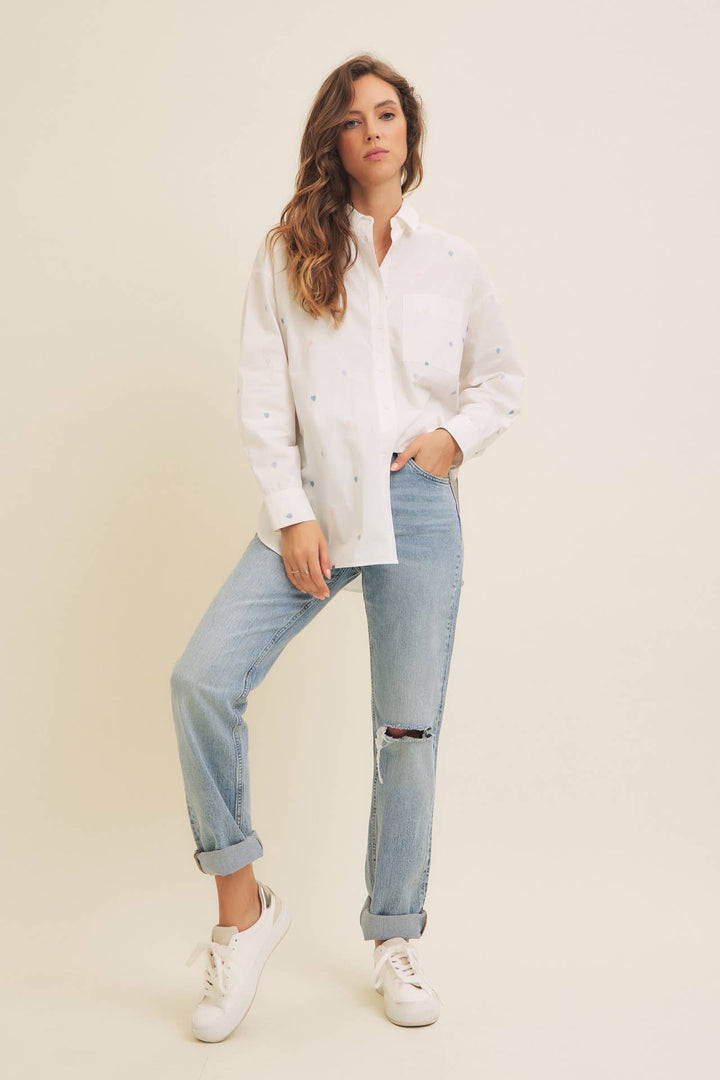 Full of Hearts Embroidery Button Down Long-Sleeved Shirt