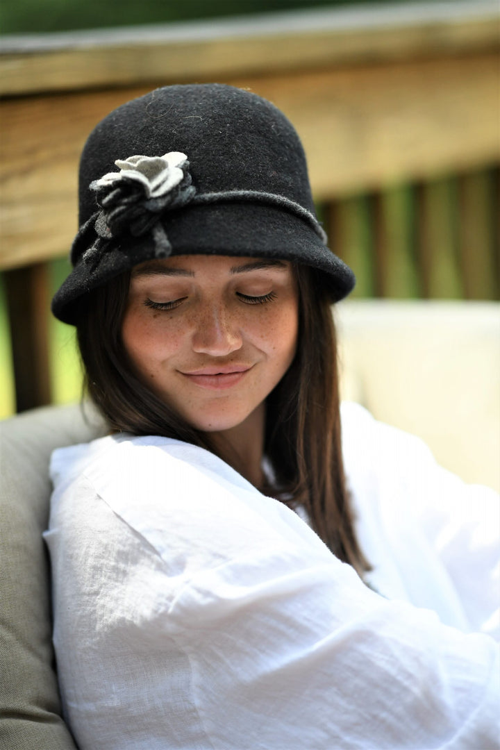 Boiled Wool Cloche Hat with Two Tone Flower and Tie