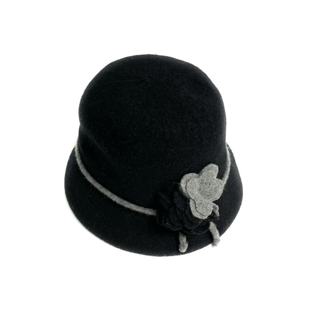 Boiled Wool Cloche Hat with Two Tone Flower and Tie