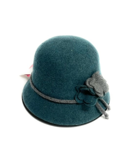 Boiled Wool Cloche Hat with Two Tone Flower and Tie