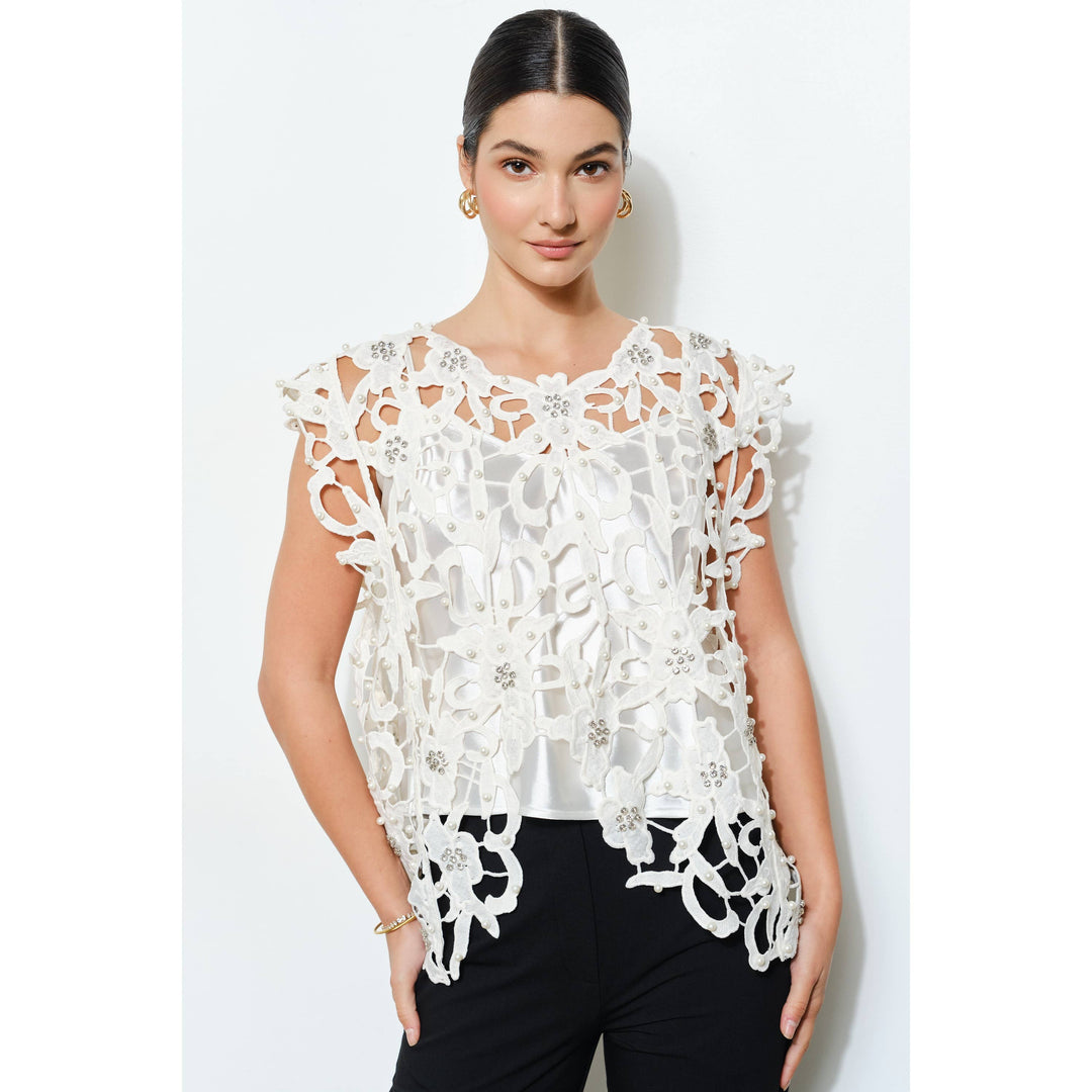 Pearl Rhinestone Embellished Lace Cutout Top