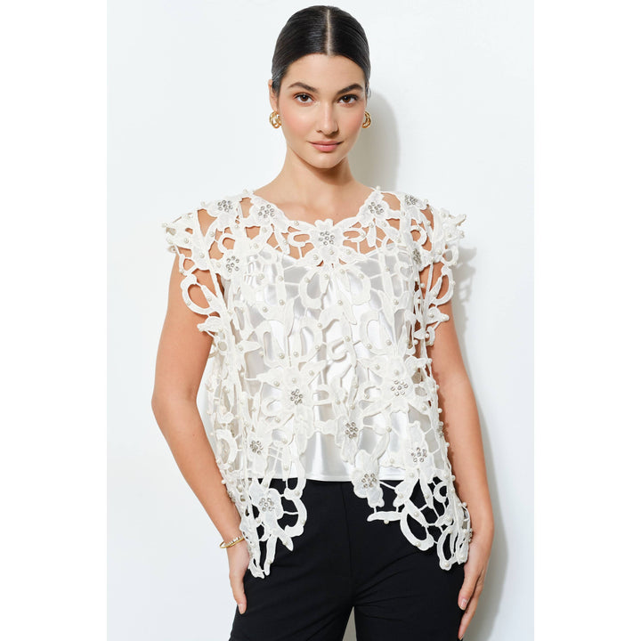 Pearl Rhinestone Embellished Lace Cutout Top