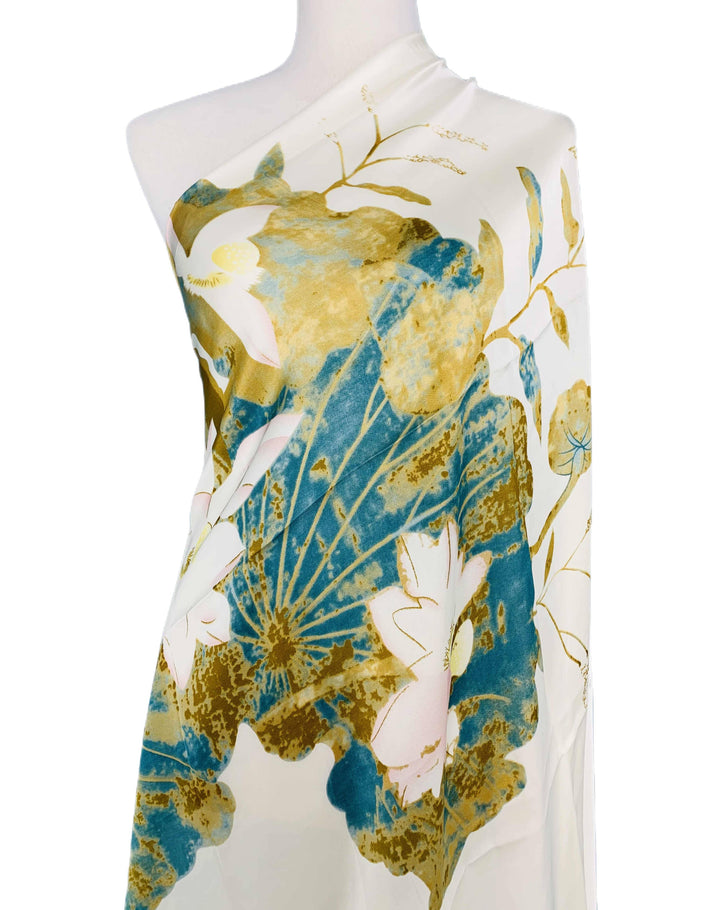 Silk-Feeling Lotus Floral & Leaf Scarf