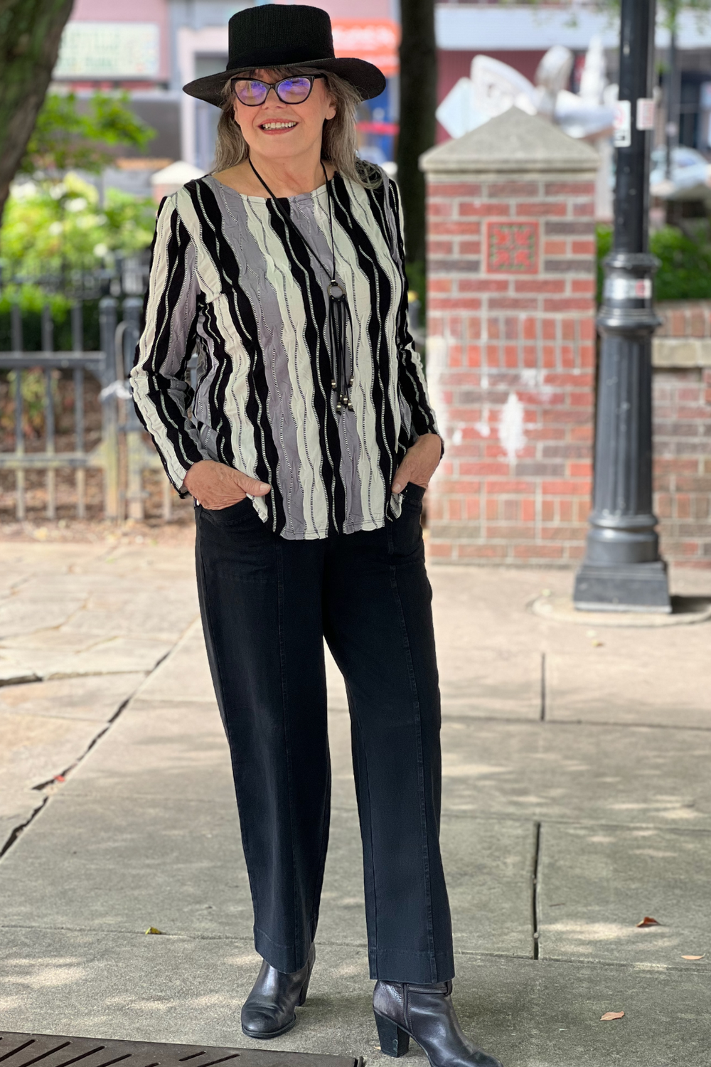 Habitat Stripes Top and Angled Flood Denim pant at Adlib Clothing in Asheville, NC