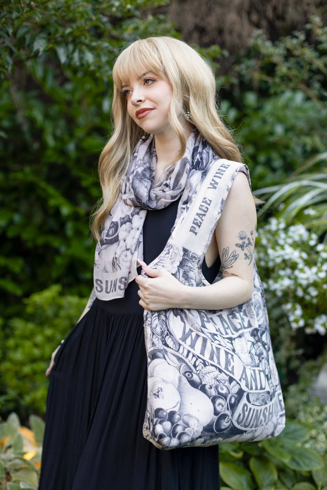 Peace Wine & Sunshine Floral Boho Linen Tote Bag, Blush