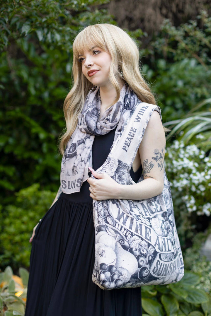Peace Wine & Sunshine Floral Boho Linen Tote Bag, Blush