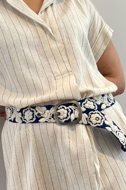 Two-Tone Embroidered Wool Belt, Blue/Cream