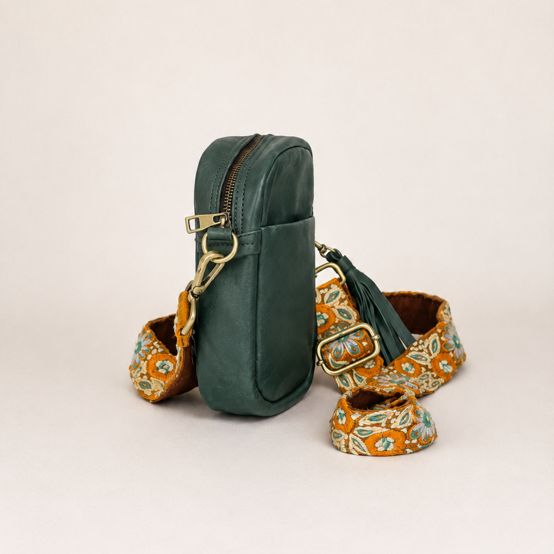 Sol Cell Phone Leather Bag with Embroidered Strap