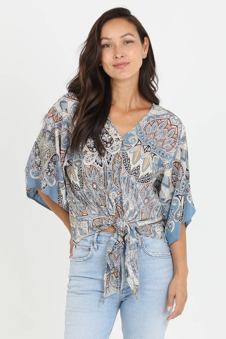 V Neck Kimono Sleeve Tie Waist Blouse