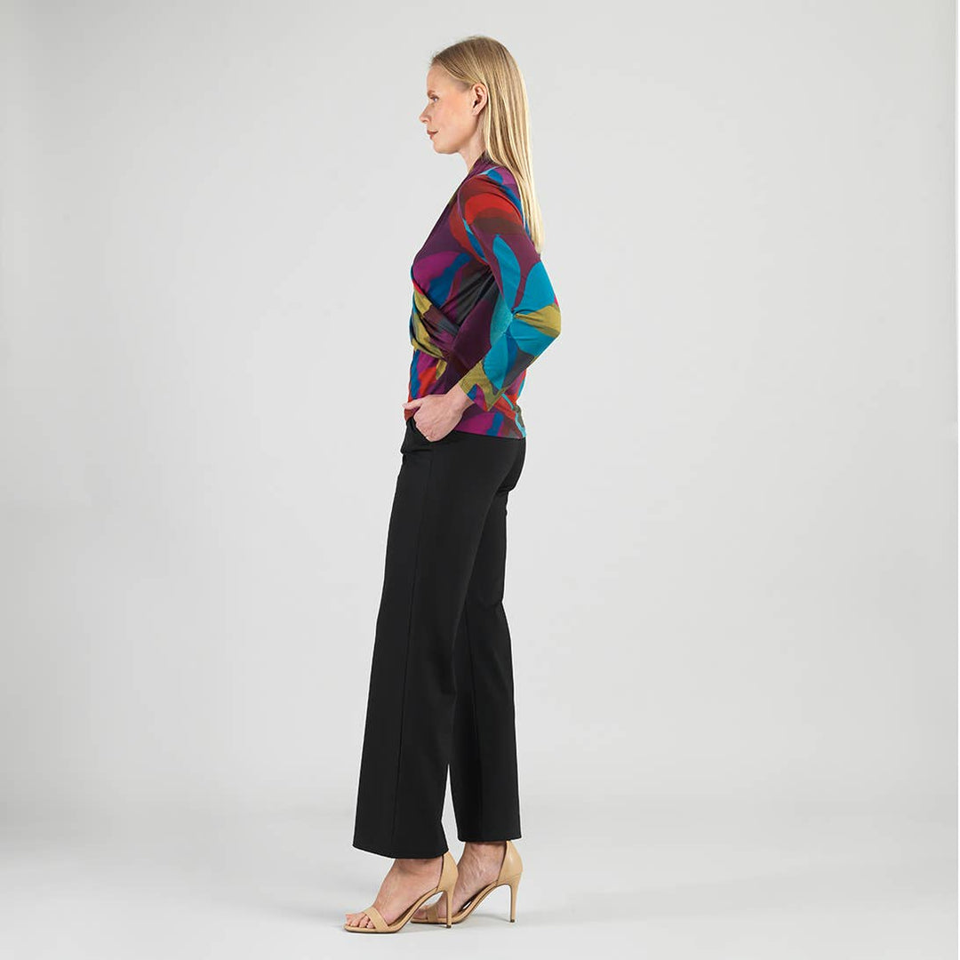 Multi Color Draped V-Neck Ruched Soft Knit Top