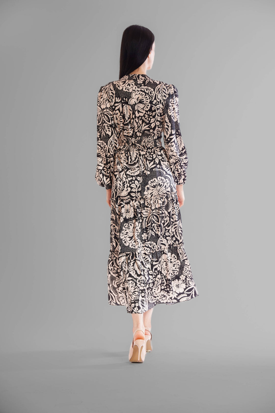 Long Sleeve V-Neck Elastic Waist Tiered Dress