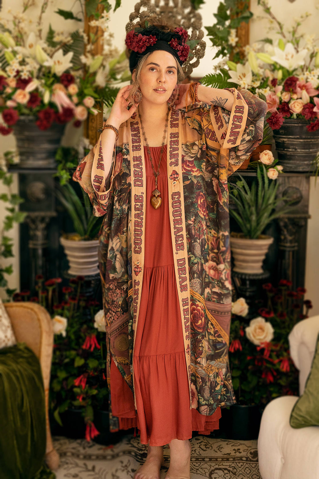 Courage Dear Heart Opera Duster Kimono Robe w/ Sacred Heart