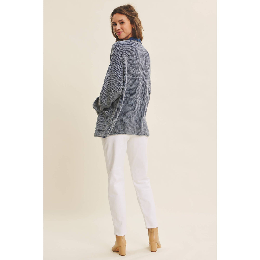 Mineral-Washed Open Front Cotton Sweater Cardigan