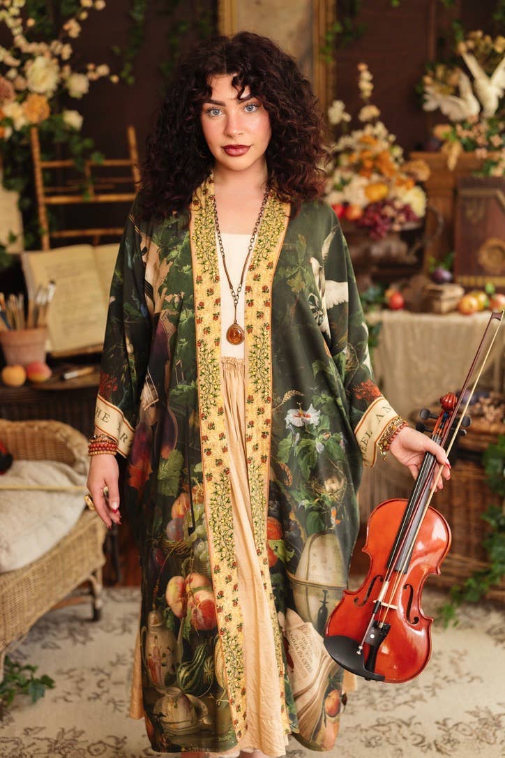 Labour of Love Opera Duster Kimono Robe w/ florals & violin