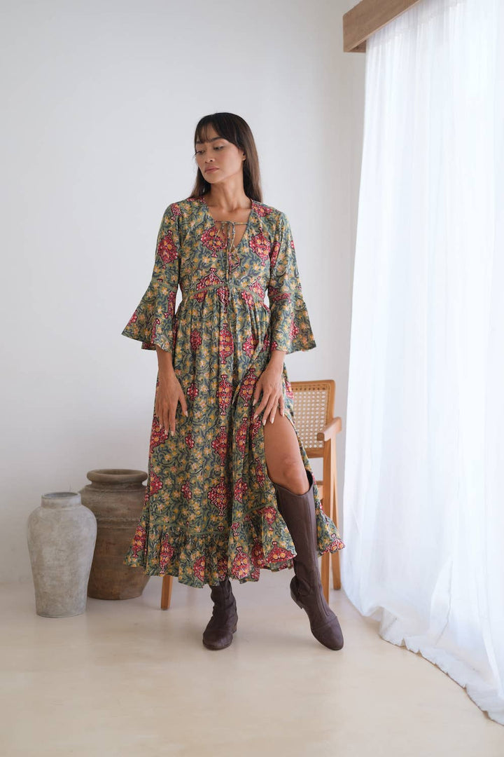 Block Printed Flare Sleeve Maxi Dress with Lace