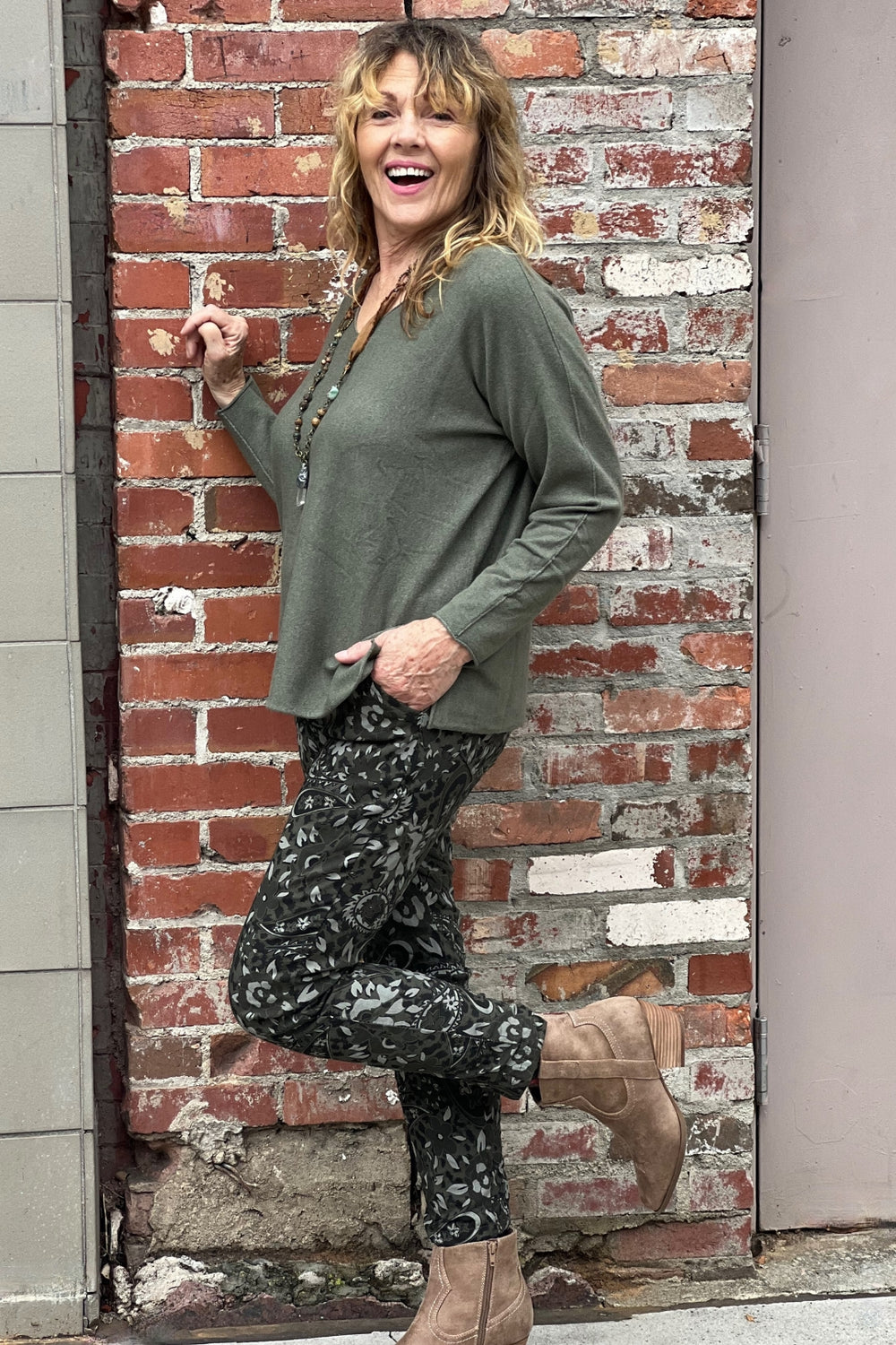 Flora Ashley Italian Print Pant and V Neck Sweater at Adlib Clothing in Asheville, NC