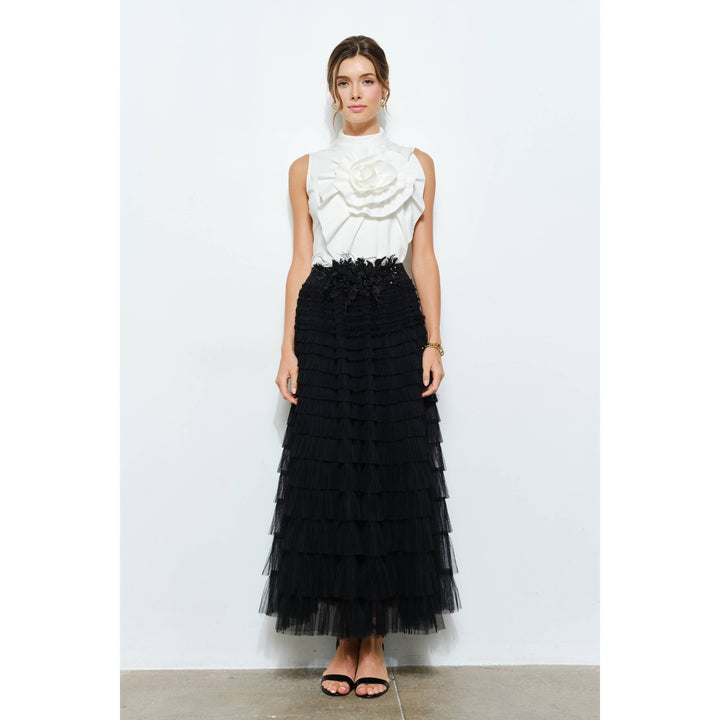 Floral Applique Pleated High-Neck Top