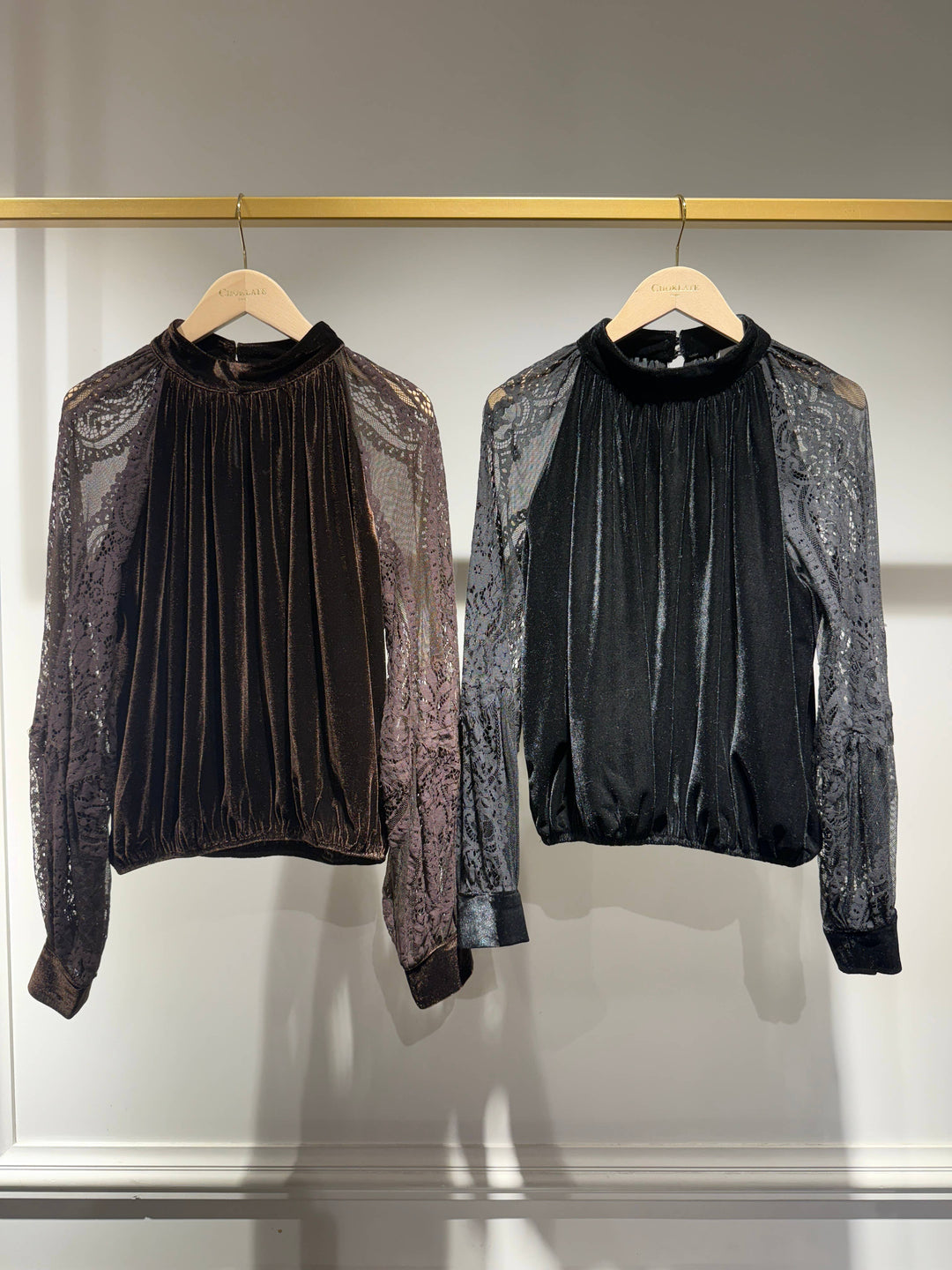 Two-material Velvet Blouse with Lace Sleeves