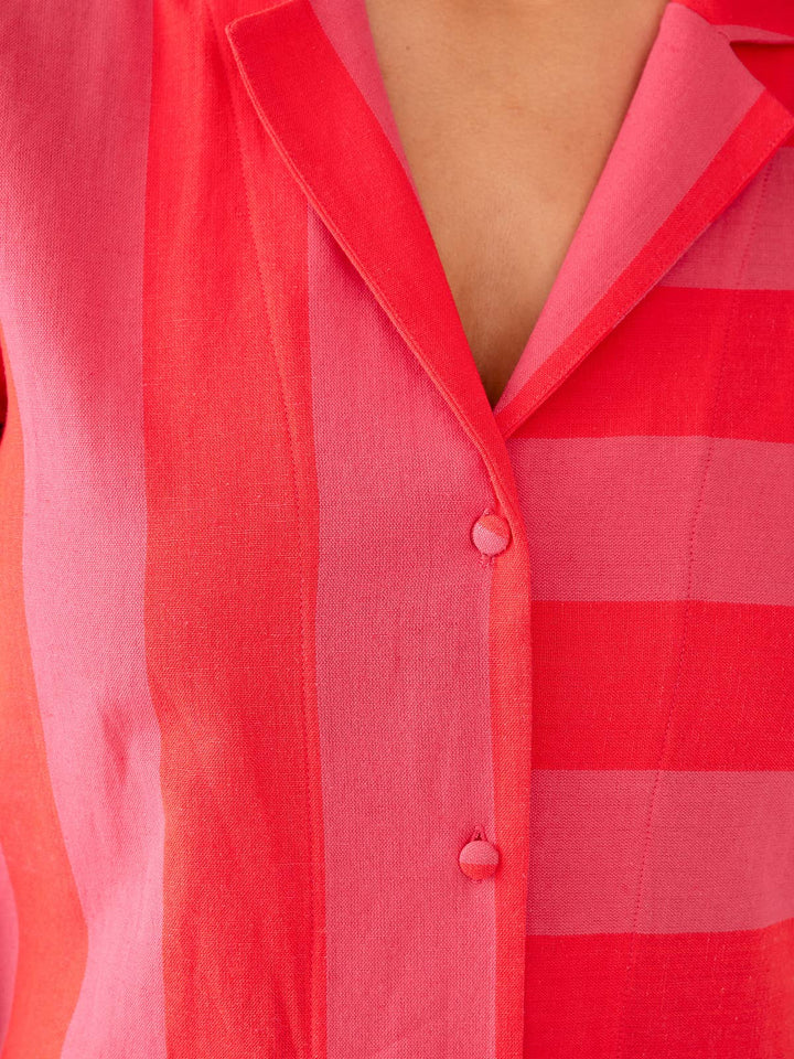 Camp Shirt Pink Red Linen Cotton