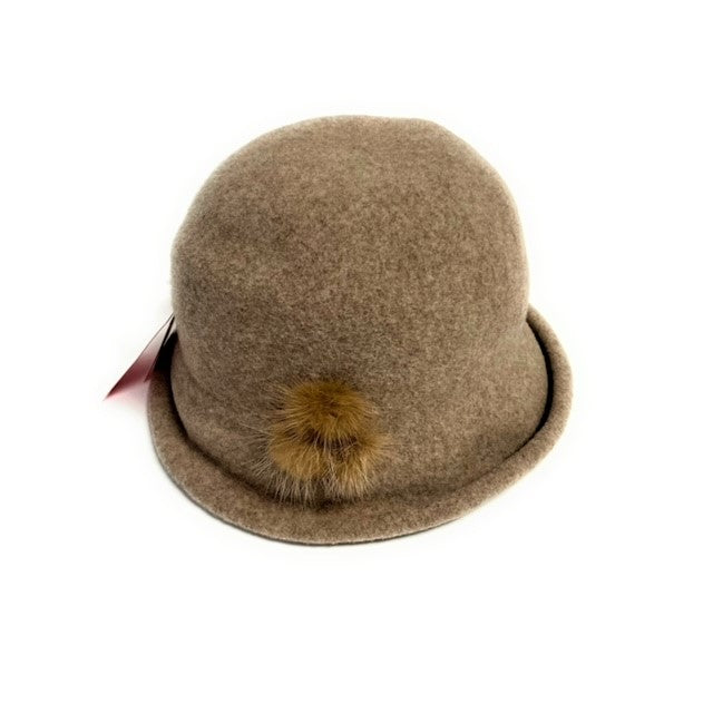 Boiled Wool Rolled Brim Cloche Hat With Fur Trim