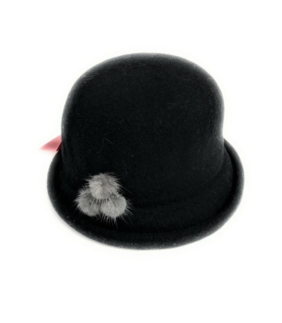 Boiled Wool Rolled Brim Cloche Hat With Fur Trim