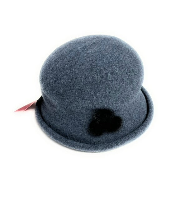 Boiled Wool Rolled Brim Cloche Hat With Fur Trim