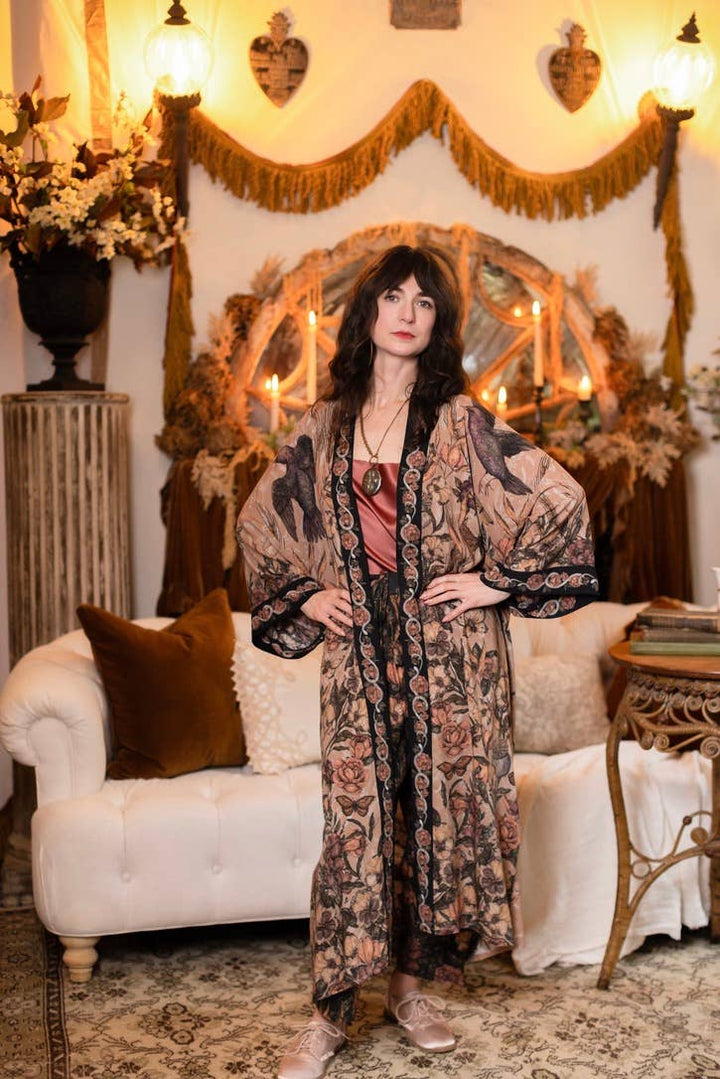Momento Opera Duster Kimono Robe w/ Starling & Skull
