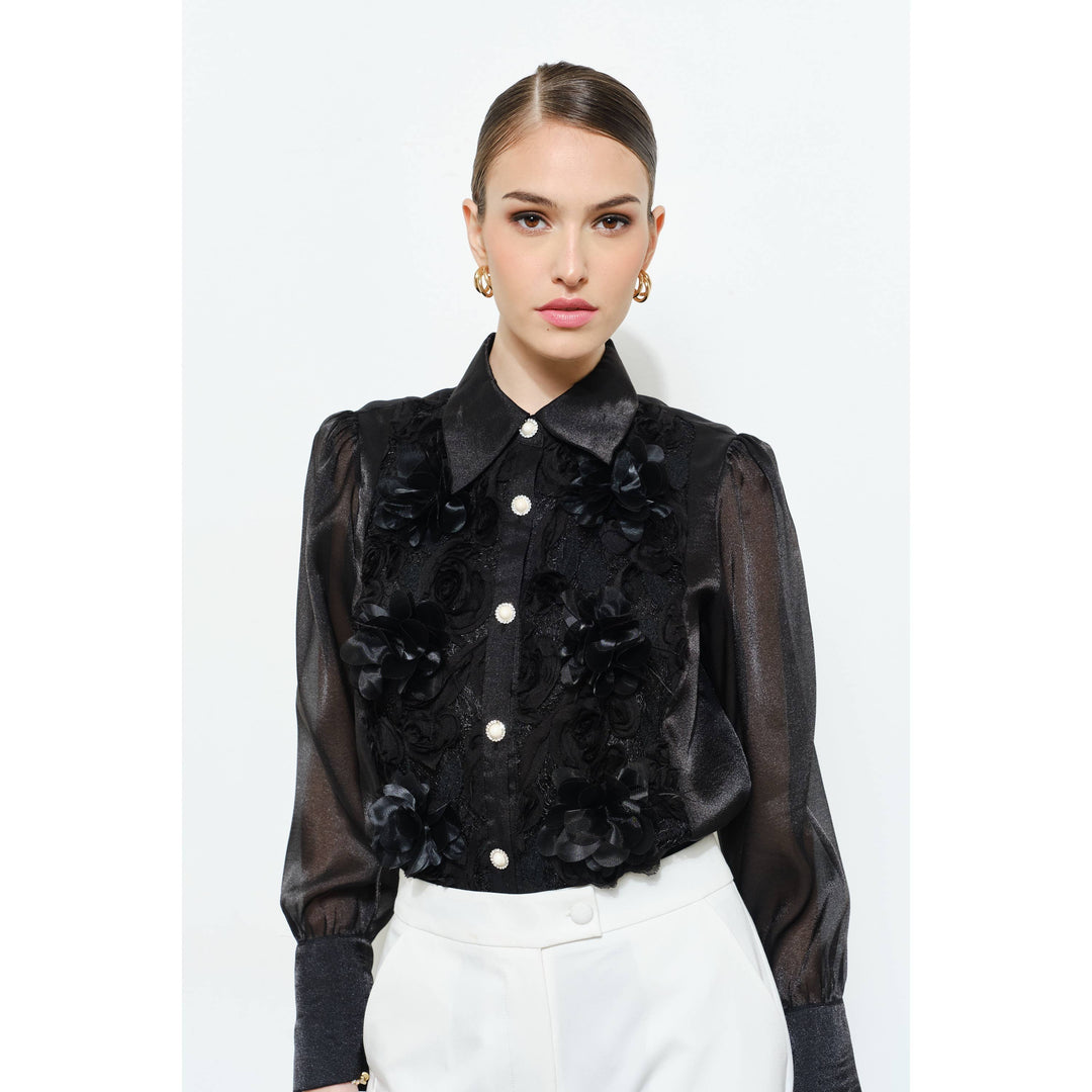 Elegant 3D Floral Organza Long Sleeve Blouse