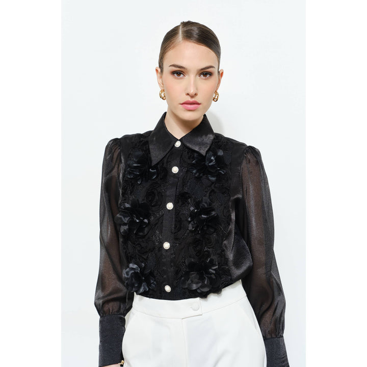 Elegant 3D Floral Organza Long Sleeve Blouse