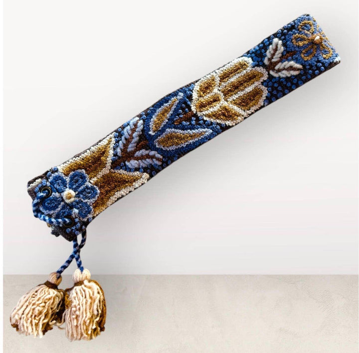 Embroidered Hat Band with Tassels - Terracota Blues