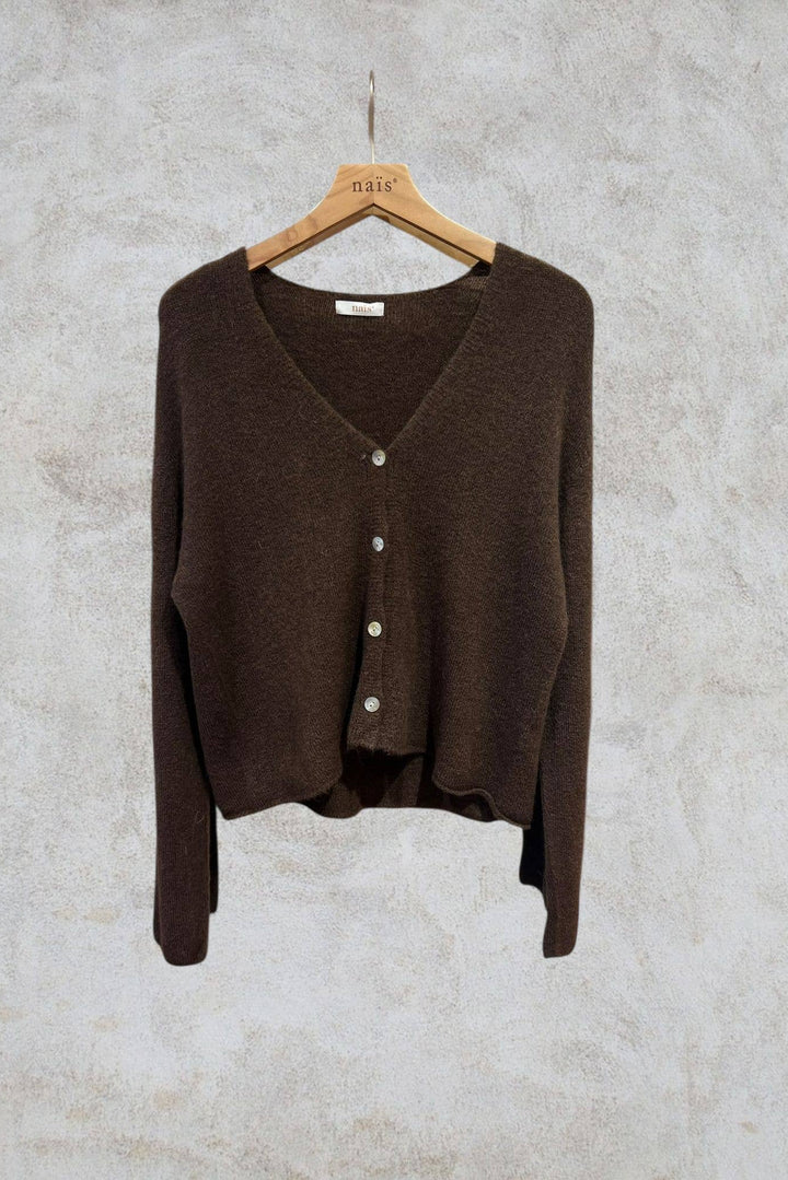 Short buttoned V-neck Cardigan in Alpaca and Wool