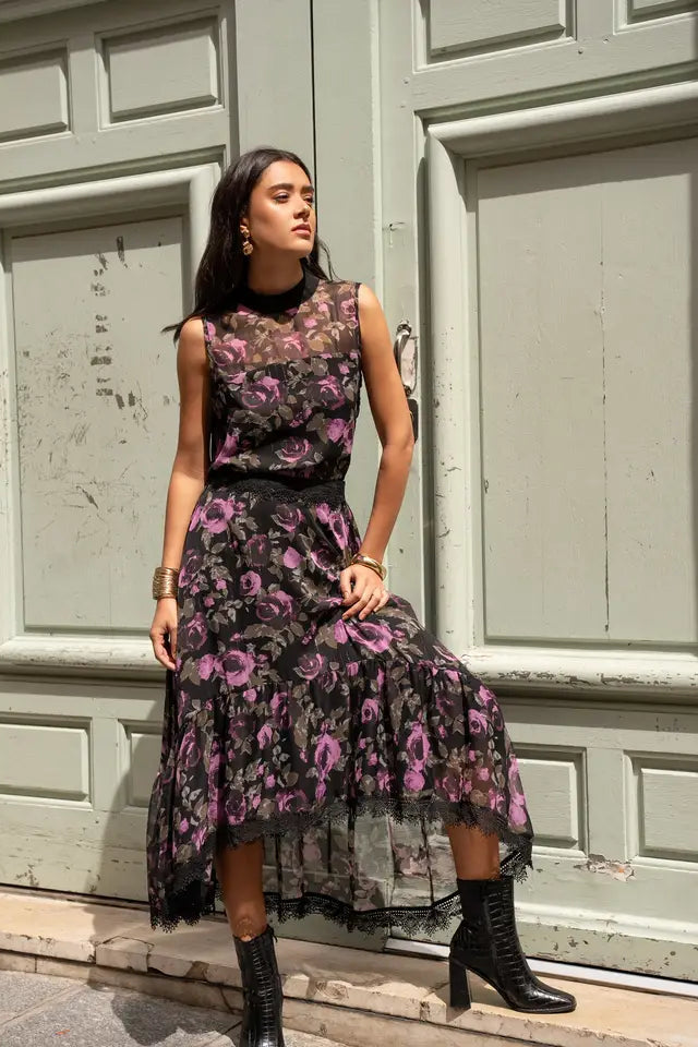 Floral Pattern Skirt with Purple Roses