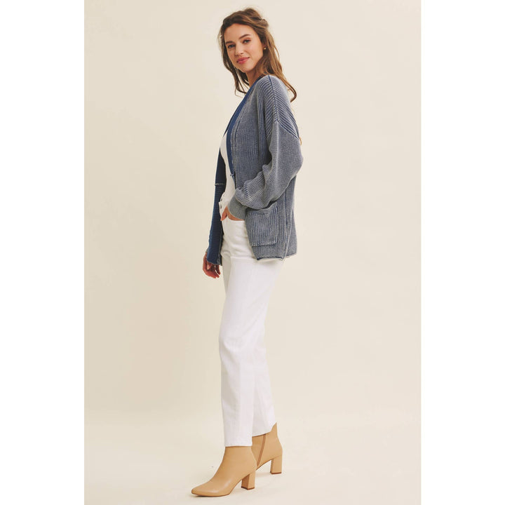 Mineral-Washed Open Front Cotton Sweater Cardigan