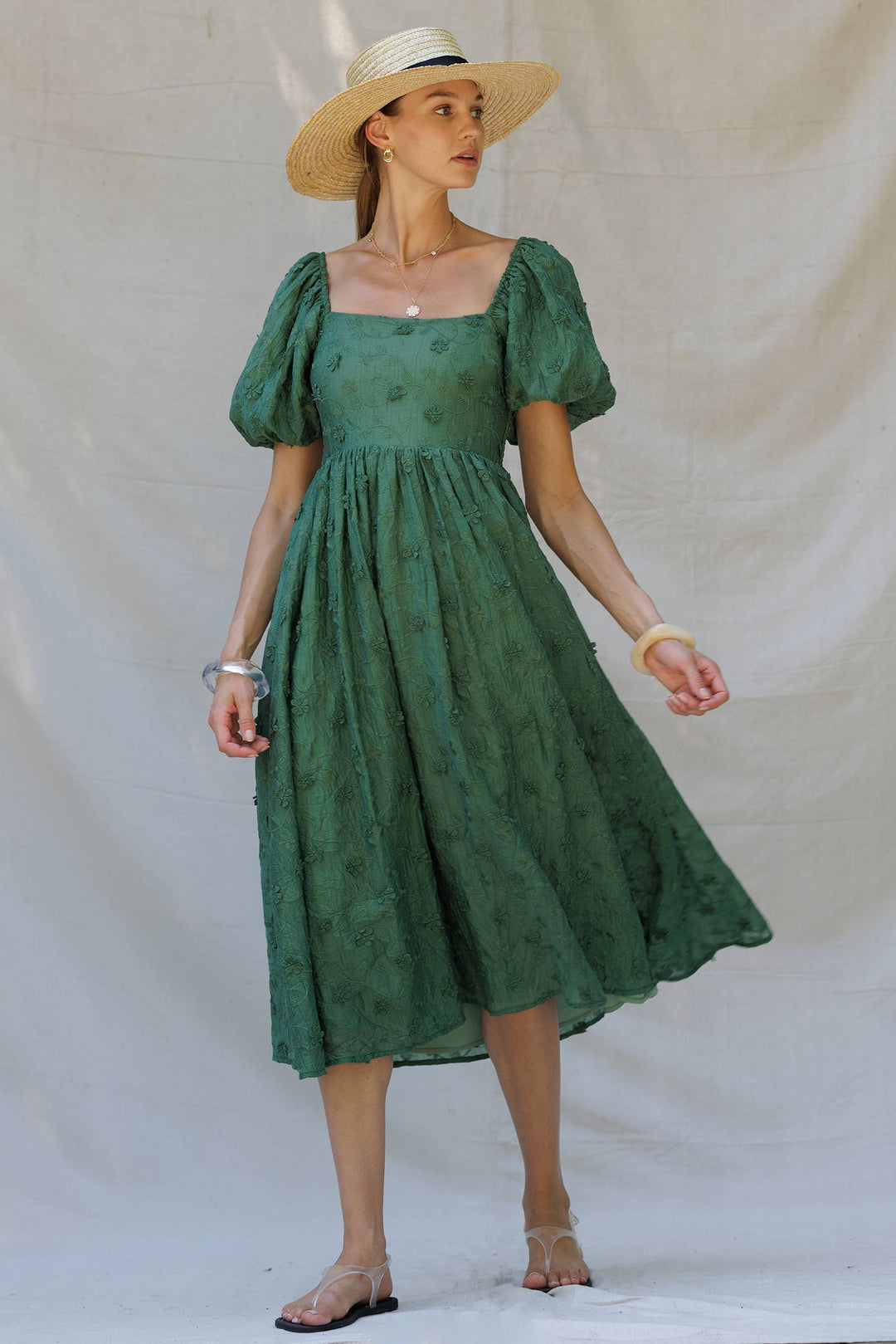 Embroidered Puff-Sleeve Midi Dress