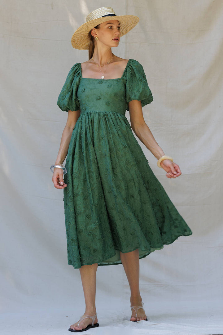 Embroidered Puff-Sleeve Midi Dress