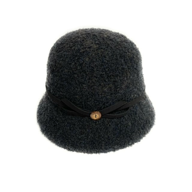 Boucle Wool Cloche Hat with Faux Leather Trim