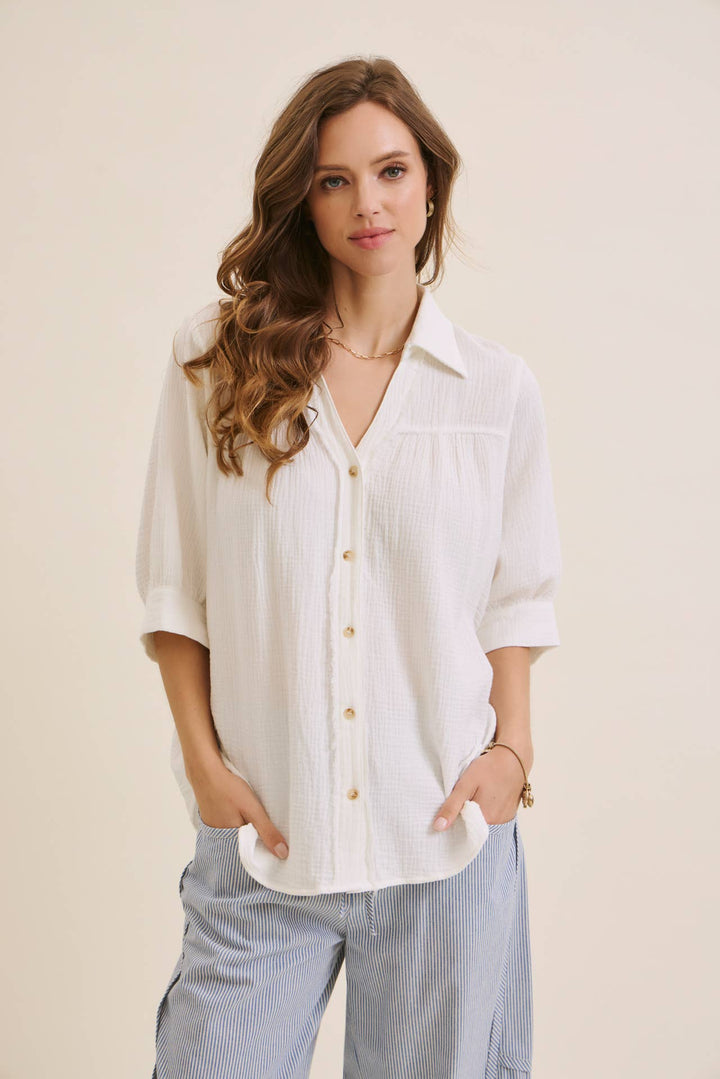 Breathable Mineral Washed Cotton Gauze Button Down Shirt