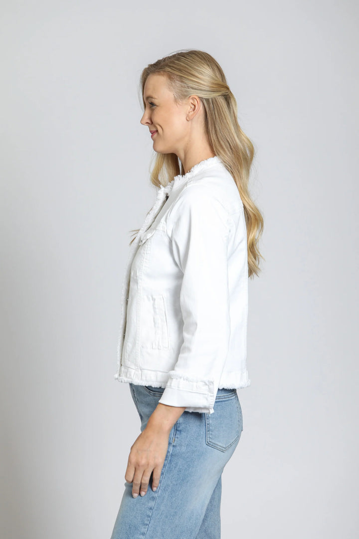 Collarless Jean Jacket with Frayed Detail