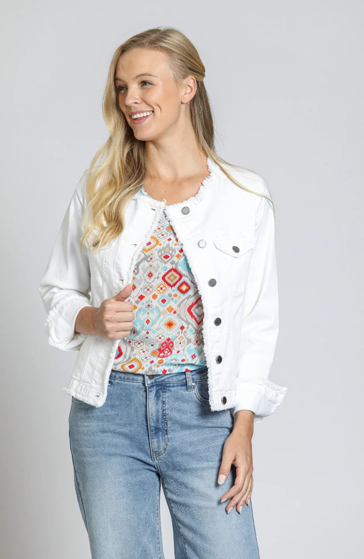 Collarless Jean Jacket with Frayed Detail