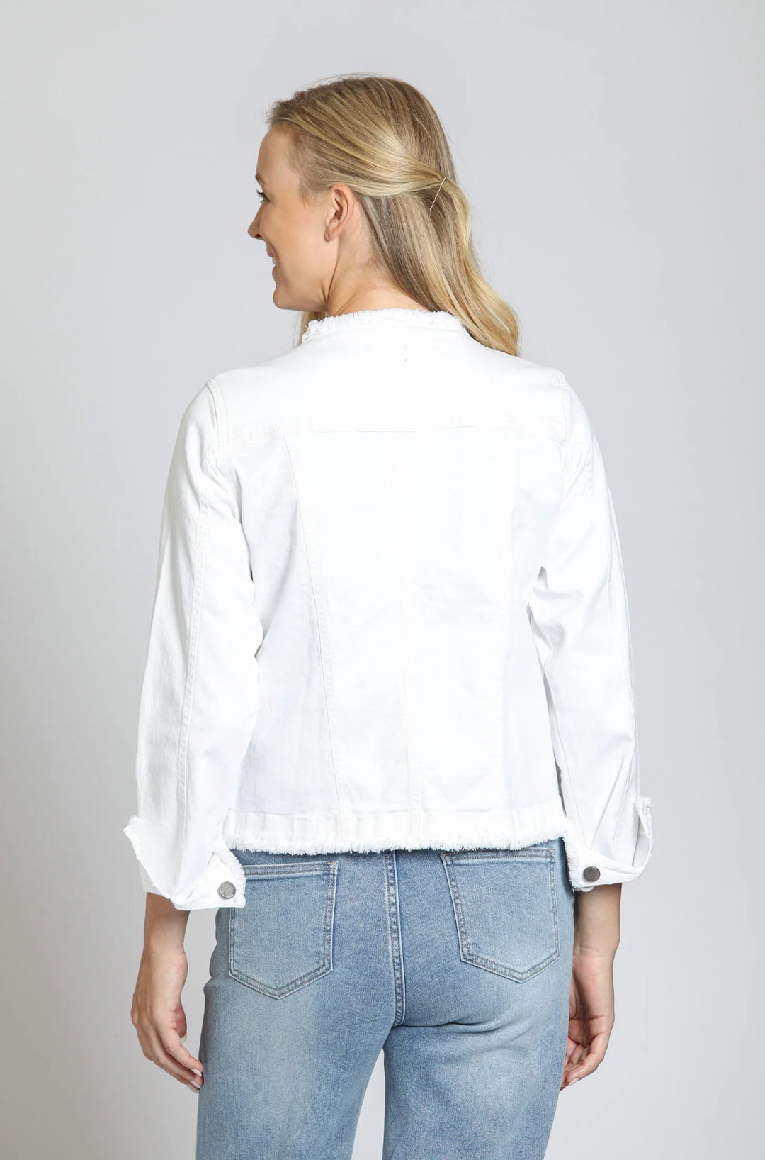 Collarless Jean Jacket with Frayed Detail