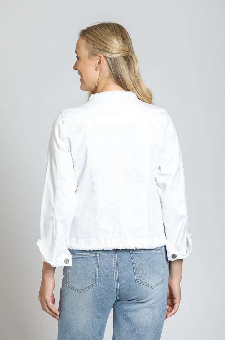 Collarless Jean Jacket with Frayed Detail